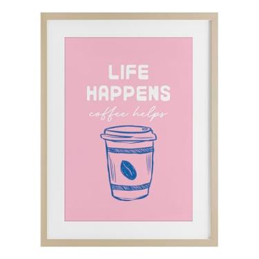Imagem de Stupell Industries Impressão emoldurada Coffee Helps Life Happen on Pink Birch Design Under Glass da JJ Design House LLC, 50 x 35 cm