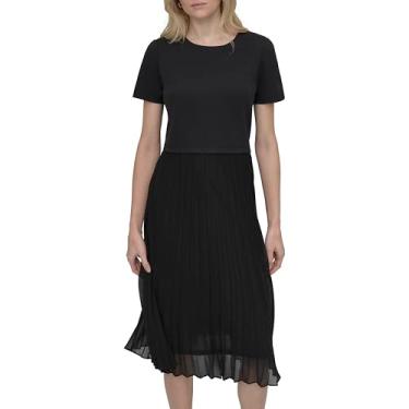 Imagem de DKNY Vestido midi feminino de manga curta com gola joia, saia plissada, Preto, 50