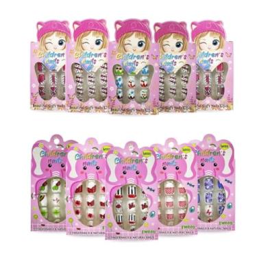 Imagem de Kit 120 Unhas Postiças Infantil Criança Desenho Autoadesivo