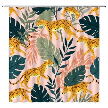 Imagem de JIRGIXA Cortina de chuveiro leopardo marrom animal selvagem guepardo planta verde folha de palmeira selva tropical tecido rosa decoração de banheiro cortina com ganchos, 187 cm L x 180 cm A