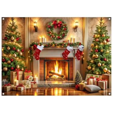Imagem de WOLADA Pano de fundo de tecido para lareira de Natal, guirlanda de árvore de Natal, faixa de lareira, decoração de fundo fotográfico, 295 x 203 cm, FW134