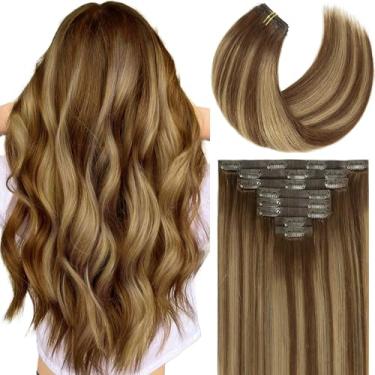 Imagem de Caliee Extensões De Cabelo Sem Costura Clip In Cabelo Humano Ultra Fino Duplo Pu Pele Trama Extensões De Cabelo Humano Real R4-4/27 Chocolate Marrom Para Caramelo Loiro Ombre Clip In Extensões De Ca