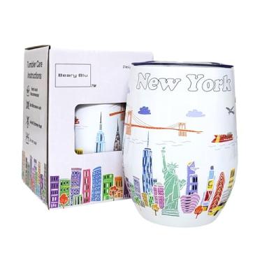 Imagem de Beary Blu City Themed Artwork Série de copos de 355 ml - Projetado nos EUA - Copo isolado a vácuo com tampas - Caneca de viagem de aço inoxidável para vinho e café, água, para bebida quente e fria