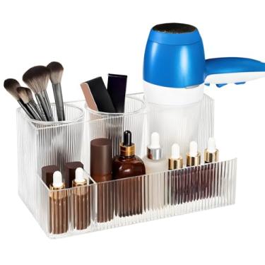 Imagem de Suporte de ferramentas de cabelo para penteadeira, organizador de ferramentas de cabelo com 3 porta-copos, suporte de armazenamento de escova de cabelo de acrílico para banheiro, bancada ou armário