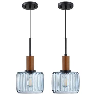 Imagem de 2 unidades 1 luminária industrial moderna casa de fazenda pendurada ilha cozinha pingente luminárias de teto, madeira natural transparente texturizado vidro azul acabamento preto sobre pia restaurante
