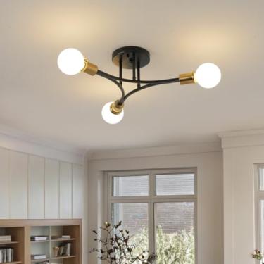 Imagem de Salburyao Luminária de teto Sputnik moderna de 3 luzes com montagem semiembutida preta e dourada, candelabro Sputnik Mid Centur para entrada, corredor, quarto, cozinha, sala de jantar, sala de estar