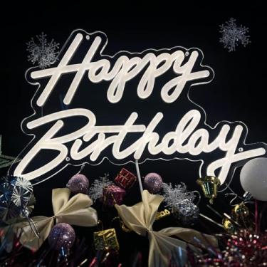 Imagem de Sinal neon de feliz aniversário, 40,6 x 23,5 cm, 5 V sinal de luz de feliz aniversário para pano de fundo com interruptor de intensidade de luz, 10 brilho ajustável, reutilizável, placa de feliz