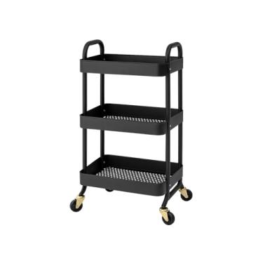 Imagem de Prateleira Metal 3 Andares Multiuso Rodinhas Preto Carrinho Organizador Cozinha Banheiro Estante