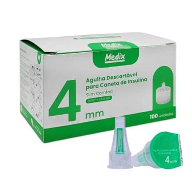 Imagem de Agulha para Caneta de Insulina, Descartável, 4mm, 32G, Aço Inoxidável, com Tampa Plástica Estéril, Uso Subcutâneo, Caixa com 100 Unidades