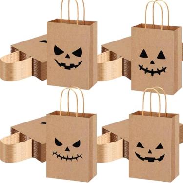 Imagem de Yexiya 100 sacos de presente de papel Kraft Halloween a granel de abóbora com alça de embrulho para presente de festa de Halloween