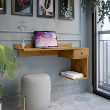 Imagem de Escrivaninha Suspensa para Notebook com Gaveta Mesa de Parede Pequena Compacta Home Office (Freijó)