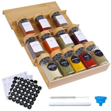 Imagem de Porta-temperos de bambu para gaveta com 12 frascos, organizador de temperos empilhável de 4 níveis, para inserção de armazenamento de condimentos de cozinha (tamanho combinado: 48 cm P x 24 cm L x 4,6