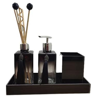Imagem de Kit Lavabo Luxo Vidro Preto Degradê 4 Peças Conjunto Decorativo Dispenser, Aromatizador, Porta Escova Pinceis e Bandeja Decotariva Detalhes Prata Dourado ou Rosê Gold (PRETO E PRATA)