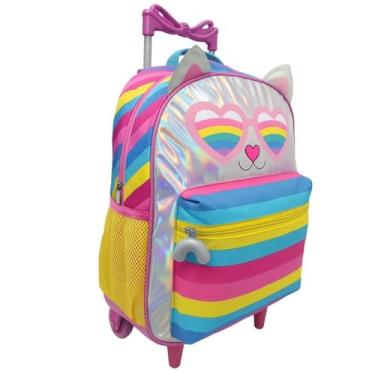 Imagem de Mochila Escolar Infantil Juvenil Menina Com Rodinha Cat Holográfico Fofa