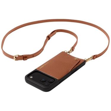 Imagem de BANDOLIER Capa de telefone carteira transversal Emma para iPhone 17 Pro. 100% couro de seixo genuíno. Alça transversal ajustável e removível. Suporte para cartão com fecho de pressão. Sienna com