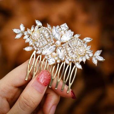 Imagem de Pente de cabelo de casamento Foyte Crystal Bride Silver Flower Gold