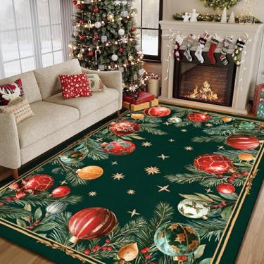 Imagem de FRAMICS Tapete de Natal com bolas de Natal, 12 x 18 cm, tapete lavável de pinheiro, verde, antiderrapante, macio, de lã sintética para quarto de bebê, sala de jantar, escritório
