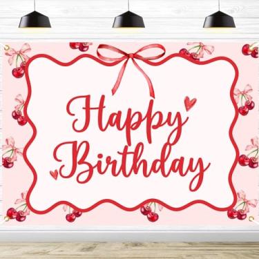 Imagem de Pano de fundo de aniversário de cereja de 2,1 x 1,5 m - Banner de feliz aniversário de cereja, fundo de aniversário de arco coquete, laço rosa cereja para meninas, decoração de festa de chá de bebê