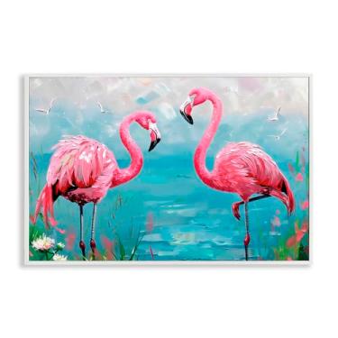 Imagem de Stupell Industries Flamingo Lagoon Duo arte giclée emoldurada branca, design por LSR Design Studio, 16 x 24