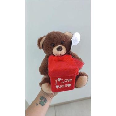Imagem de Urso Caco Marrom de Pelúcia 19 cm com Coração Quadrado 'I LOVE YOU' - 