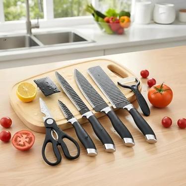 Imagem de Conjunto Jogo Facas Profissional Do Chef 6 Peças Churrasco Cozinha Peças Aço Inox Super Afiadas Cor Preto Premium