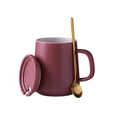 Imagem de Caneca Caneca de personalidade criativa copo de água com tampa colher copo de casal doméstico copo de café simples escritório adequado para leite chá cereal caneca de café (cor: B)