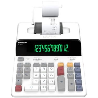 Imagem de CATIGA Calculadora de impressão térmica de 12 dígitos com impressão em fita, máquina de adição sem tinta, 5x mais rápida a 8,0 LPS, visor fluorescente extragrande, cálculo de impostos com relógio e