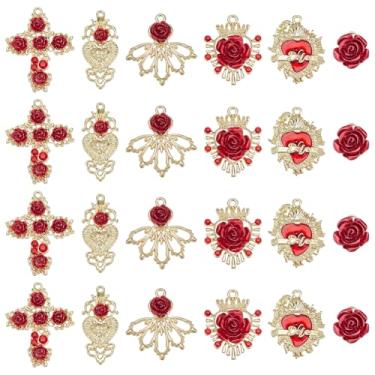 Imagem de PH PandaHall 24 peças, 6 estilos, pingentes de rosas vermelhas, pingentes dourados de strass 3D em forma de roseflor, pingente de cruz de flor vermelha para colares faça-você-mesmo, brincos, pulseiras