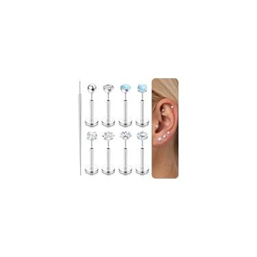 Imagem de ZELORES Brincos femininos 18G/16G com costas planas e sem rosca, hipoalergênicos, aço cirúrgico, cartilagem, tragus, hélice, piercing, joia push in CZ opala nariz anéis, 18G- bar length: 6mm, Metal