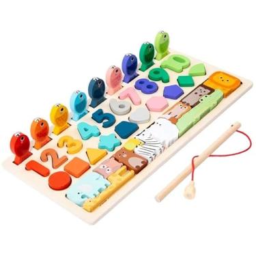 Imagem de Brinquedo Educativo Montessori 4 em 1, Tabuleiro de Madeira com Números, Formas, Animais e Vara de Pesca, para Crianças 4-6 Anos
