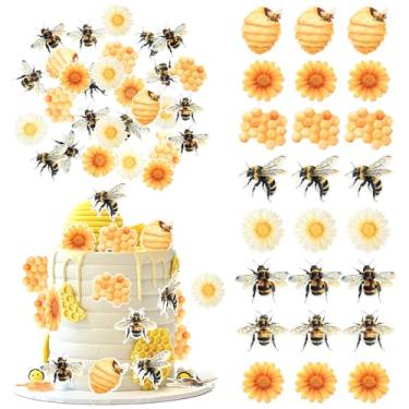 Imagem de Rsstarxi 63 Pack Edible Bumble Bee Cupcake Toppers Waper Paper Sunflower Honey Bee Honeycomb Oh Babee Cupcake Picks Decors for Bee Theme Baby Shower Kids Birthday Party Cake Decorations