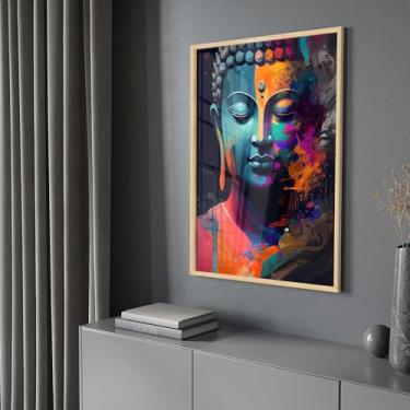 Imagem de Quadro Decorativo com Moldura e Acrilico Cristal Vidro Buda Arte Colorida Sala Quarto Hall