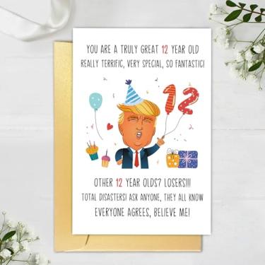Imagem de Cartão engraçado Trump de aniversário de 12 anos para meninos e meninas, Hilarious Donald Trump 12th Birthday Card for Son Daughter, Humor 12 Years Old Birthday Card para Neto, 12th Bday Card Gifts