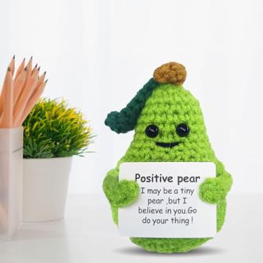 Imagem de Mini pêra de crochê feita à mão com suporte emocional, linda pera de crochê com cartão de mensagem inspiradora, adequada para decoração de escritório para amigas