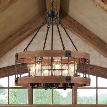 Imagem de Faibra Luminária Pendente De Madeira Estilo Tambor De Fazenda Com 6 Luzes, Lustres De Madeira De Carvalho Marrom Rústico Vintage De 20,55'', Luminárias Suspensas Industriais Retrô Para Sala De Janta