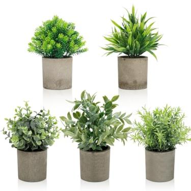 Imagem de AUUGUU Conjunto de 5 plantas artificiais em vasos, vegetação sintética realista em vasos de cimento para decoração de estante de mesa de escritório em casa, pequenas plantas falsas para decoração de