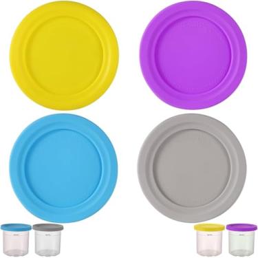 Imagem de 4 tampas de recipientes de sorvete, tampas de silicone de 11,5 cm de diâmetro para copos de sorvete, tampas redondas de substituição para copos de armazenamento de alimentos para Ninja Creami NC301