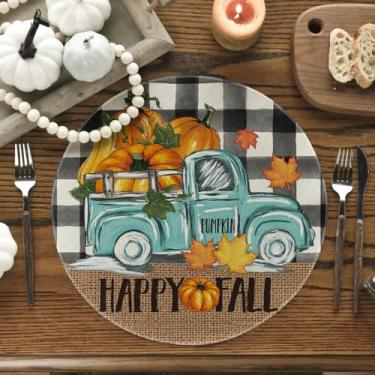 Imagem de Jogo americano redondo de outono Buffalo xadrez caminhão abóbora conjunto de 4, 35,5 cm para decoração de jantar de Ação de Graças
