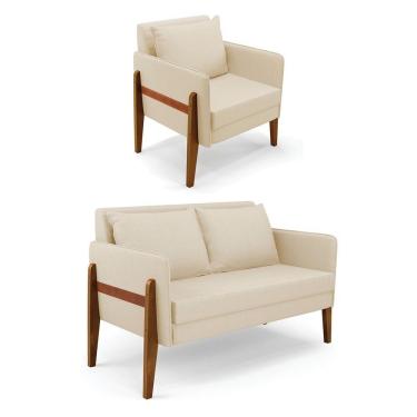 Imagem de Kit 1 Sofá Namoradeira E 1 Poltrona Lana Linho Bege A19 Base De Madeira - D'rossi