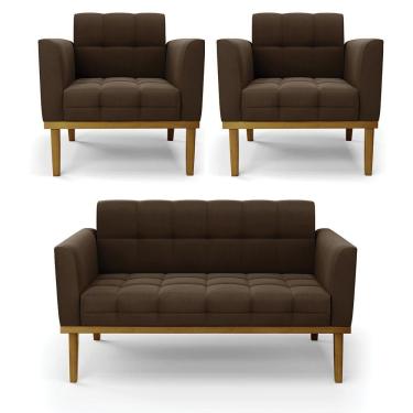 Imagem de Namoradeira Com 2 Poltronas Base De Madeira Castanho Elisa Suede D03 - D\&#039rossi Cor Marrom