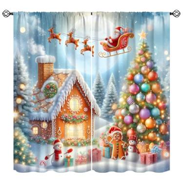 Imagem de Cortinas de Feliz Natal, Casa de Pão de Gengibre, Papai Noel, Árvores de Natal, Boneco de Neve, Cortinas de Janela para Quarto, Sala de Estar, Casa, 106,7 cm L x 114,3 cm C (sem apagão)