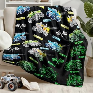 Imagem de Brinquedos Monster Truck para meninos meninas que brilham no escuro, cobertor macio para decoração de quarto de crianças, cobertores aconchegantes presentes de aniversário de Natal para crianças