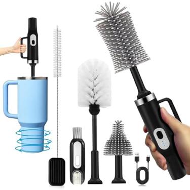 Imagem de Limpador de escova elétrica 5 em 1 de cabo longo e escova de limpeza de canudo com cabeça de escova removível, recarregável multifuncional, para copos Stanley, mamadeiras, chupetas, xícaras de café
