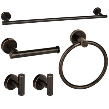 Imagem de Ntipox Conjunto de acessórios de hardware de banheiro bronze polido a óleo 5 peças, conjunto de barra de toalha de aço inoxidável 61 cm, suporte de papel higiênico, suporte de anel de toalha, conjunto
