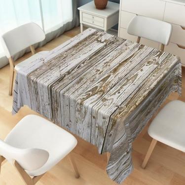 Imagem de TTQYFNM Toalha de mesa quadrada de madeira retrô de 132 x 132 cm, rústica, vintage, cinza, estampa de fazenda, toalha de mesa de tecido impermeável para apartamento, cozinha, sala de jantar, pátio
