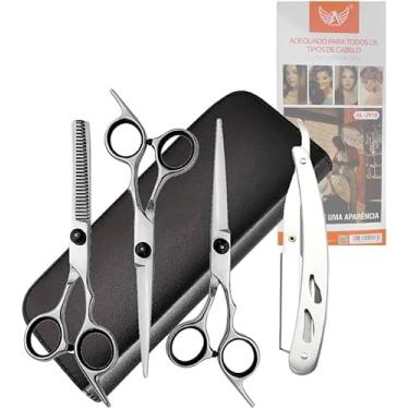 Imagem de Kit Profissional para Barbeiro 6 Peças Tesouras Navalhas Fio Laser Premium Corte Preciso - cor cinza