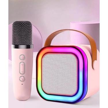 Imagem de Caixa de Som Pequeno portátil Bluetooth microfone karaoke caixa de som Luzes LED dinâmicas embutidas com microfone sem fio para infantil adultos familiares ar livre (PINK)