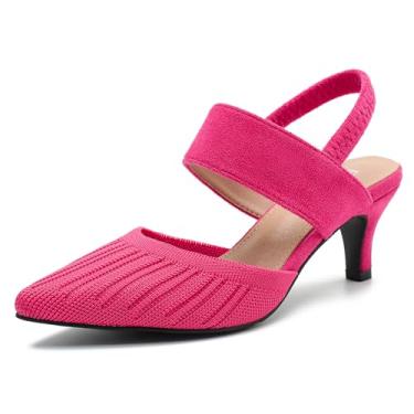 Imagem de Enelauge Sandália feminina de salto baixo de malha com tira elástica no tornozelo, bico fechado, bico fino, para casamento, formatura, Rosa choque, 39