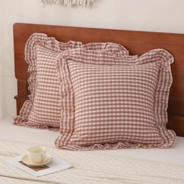 Imagem de YHJWW Capas de almofada rosa caramelo guingão babados Euro 100% algodão lavado como linho, sensação macia, confortável, xadrez, decorativa, conjunto de 2 capas para cama, sofá (66 x 66 cm, fecho de