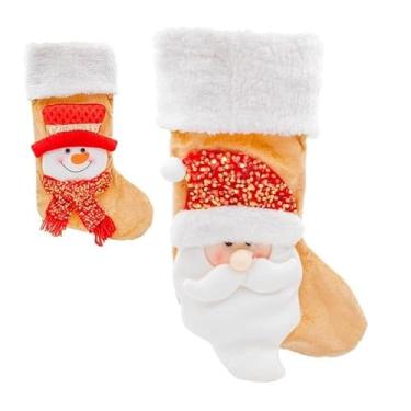 Imagem de Bota Natalina Papai Noel Boneco de Neve para Pendurar Dourado com Vermelho 45cm Natal Árvore Led Luzes Guirlanda